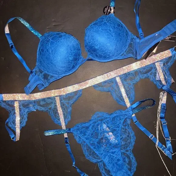 Victoria's Secret 32A,32B,32C BOMBSHELL BRA SET+GARTER NEON BLUE SHINE STRAP